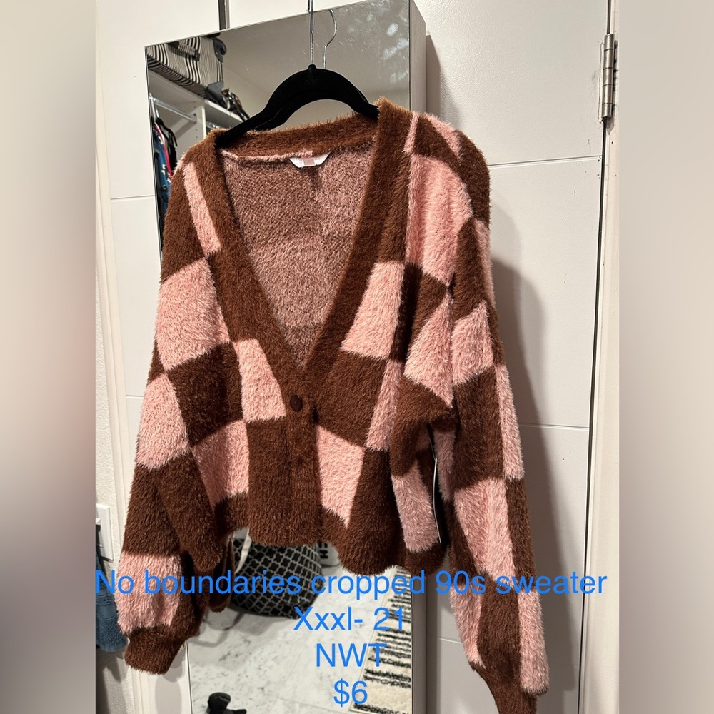 90s style checkered fuzzy sweater cropped cardigan 3x